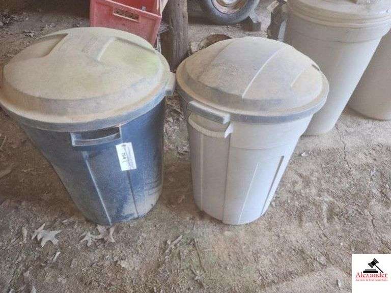 (2) TRASH CANS WITH LIDS - BLUE & GRAY (IMP SHED) image