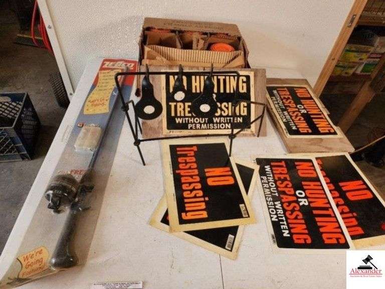 PARTIAL BOX OF CLAY TARGETS 3/4 BOX - ZEPCO 222 ROD & REEL - IRON PISTOL OR RIFLE TARGET - NO TRESPASSING AND NO HUNTING SIGNS - (SHOP) image
