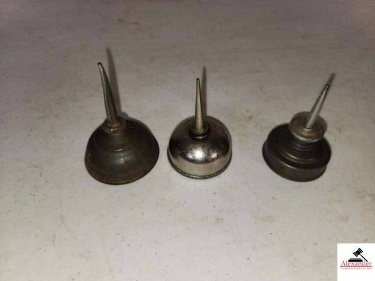 (3) VINTAGE MACHINE OIL CUPS WITH SPOUTS - (BACK BEDROOM) image
