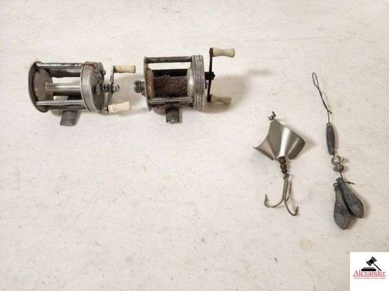 PFLUEGER TRADE NOBBY MARK  NO.1963 MADE IN USA CASTING REEL - OCEAN CITY 1970 CASTING REEL MADE IN PHILADELPHIA  USA - MISC. LEAD WEIGHTS - SPINNG GO DEVIL LURE - (LR CHINA CABINET) image