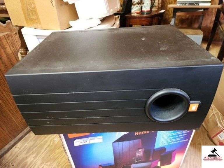 JBL SIMPLY CINEMA COMPLETE 7-PIECE HOME CINEMA SOUND SYSTEM - DOLBY PRO-LOGIC PROCESSOR WITH 5 AMPLIFLIERS - VIDEO SHIELDED SATELLITES, WALL MOUNTABLE FOR FRONT, CENTER & REAR  - POWERFUL SUBWOOFER FOR DEEP BASS - REMOTE CONTROL - ALL NECESARY CABLES AND WIRES - APPEARS NEW IN BOX - (UPSTAIRS) image