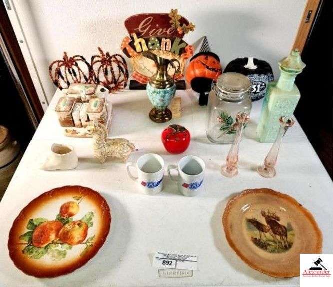 (2) TENNESSEE ARMY NATIONAL GUARD MUGS (2) PINK DEPRESSION VASES - S&P SHAKERS - PAINTED LID JAR - BLUE & GOLD VASE - FALL & HALLOWEEN DECOR - PORCELAIN SHOE, HORSE, & APPLE -  (2) PAINTED PLATES - (UPSTAIRS) image