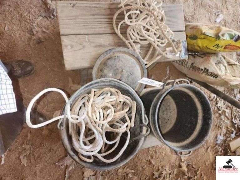 RUBBER BUCKET WITH ROPE - PORCELAIN DOUBLE BOILER PAN - (IMP. SHED) image