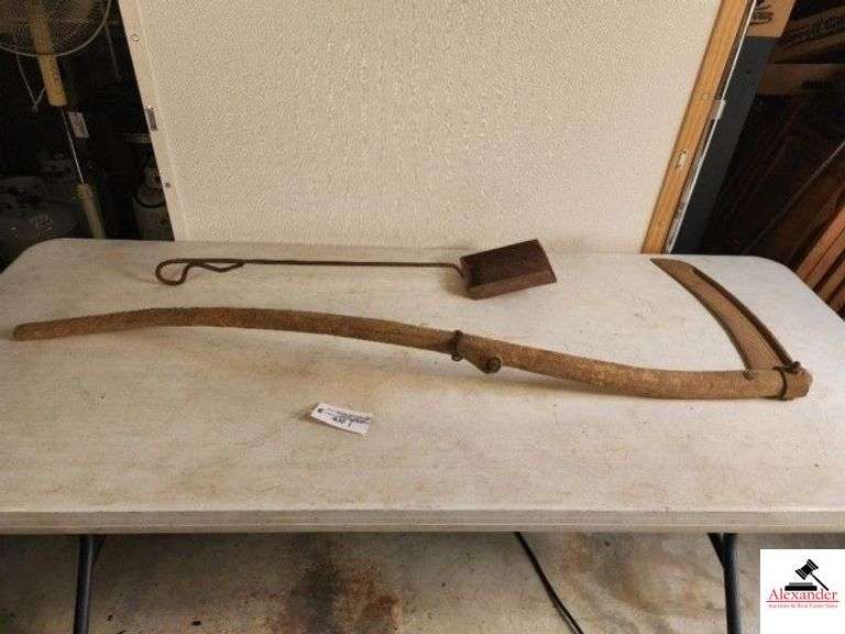 ANTIQUE SYTHE PRIMITIVE WORN HANDLE - IRON FIREPLACE SHOVEL - (SHED) image