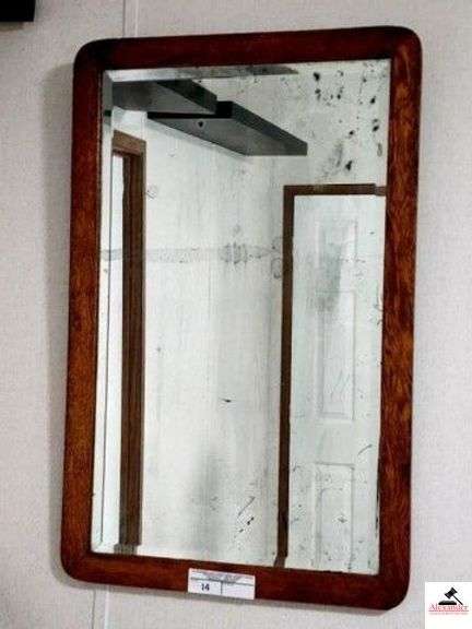 OAK FRAMED BEVELED WALL MIRROR - 21" X 33" - GLASS NEEDS RESTORING BLACK SPOTS SHOWING - (BACK BEDROOM) image