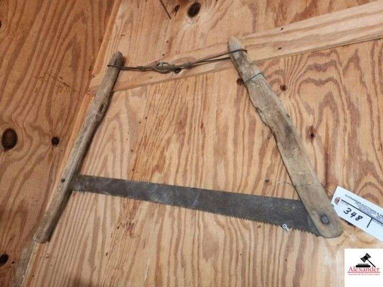 ANTIQUE MANUAL HAND CROSS CUT WOOD BUCK SAW 36"X 28" - WIRE TOP BRACE - ONE OF THE HANDLES IS DAMAGED - (GARAGE) image