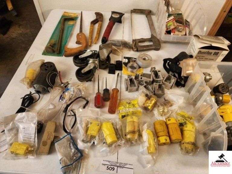ELECTRICAL AND TOOL REPAIR SUPPLIES - CONNECTORS - ALUMINIUM CLAMPS - THREE CASTER WHEELS - 220 PLUGS - KEY HOLE SAW - CHANNEL LOCKS - DUST MASKS - HEAVY DUTY HACK SAW - MISCELLANEOUS GLASSES - CONNECTIONS - ETC. - (TRAILER) image