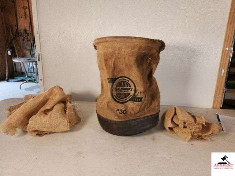 SALISBURY LINEMENTS PROTECTIVE DEVICES #30 BAG "SINCE1855" BURLAP BAG WITH ROPE HANDLE - LEATHER BOTTOM - 3 PIECES OF MODERN BURLAP INCLUDED - (GARAGE) image