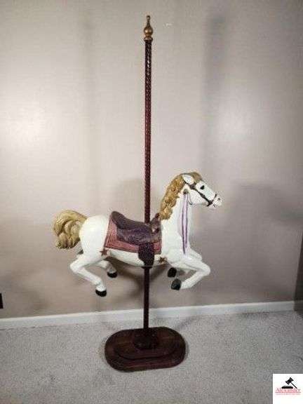 CAROUSEL HORSE AND WOOD POLE - PLASTIC STYLE WITH BRIDLE & SADDLE - STAR MISSING ON LEFT HIP AND PIECE OF TAPE OVER HOLE - 40" WIDE X 78" TALL - (MASTER BEDROOM) image