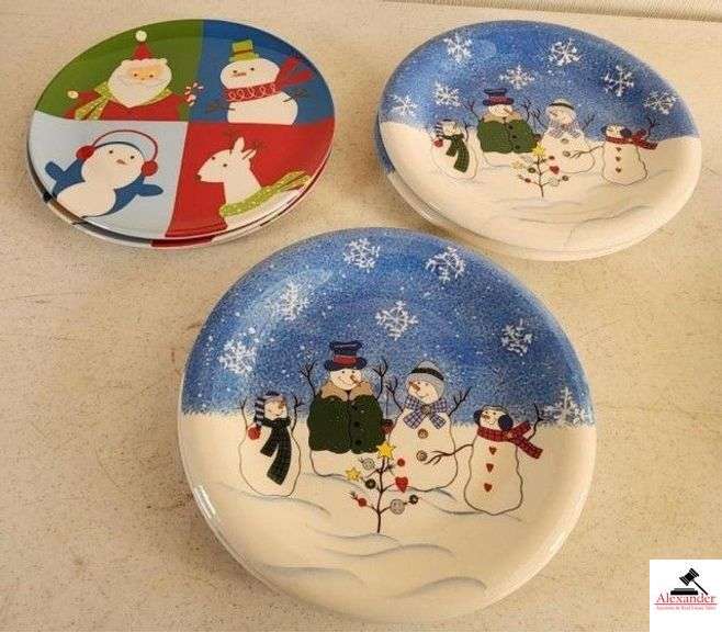 (4) ST. NICHOLAS SQUARE SNOWMAN CHRISTMAS PLATES (3) SANTA & SNOWMAN CHRISTMAS CHILDREN'S PLATES - (GARAGE) image