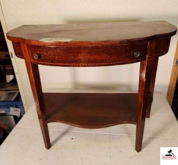 MAHOGANY LIVING ROOM TABLE WITH DRAWER - HALF WALL TABLE - HAS TAPERED LEGS - SHOWS PECK AND SCRATCHES ON LEGS - (UPSTAIRS) image