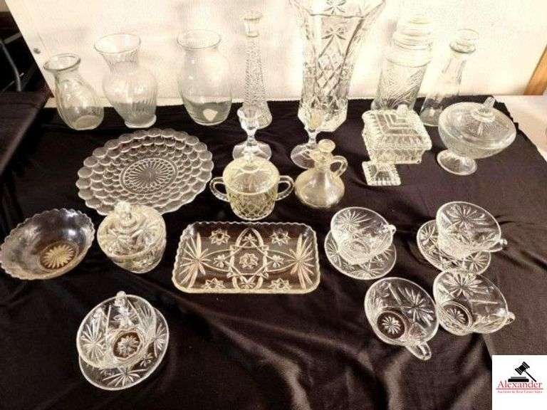 PRESSED GLASS COLLECTION SMALL PRESERVE STAND - CANDY DISH - BUTTON & DAISY TRAY - (4) PUNCH CUPS - (3) SAUCERS - BUTTON & DAISY TRAY & SUGAR - COVERED SUGAR BOWL - CANDLE STAND - BUD VASE - (3) VASES - (GARAGE) image