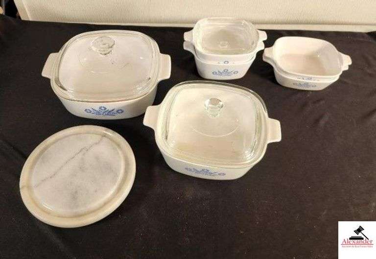 CORNING WARE 2 QT SERVING BOWL WITH LID - 1.5 QT BOWL - (2) BOWLS - (2) SMALLER BOWLS - MARBLE TRIVIT - (GARAGE) image