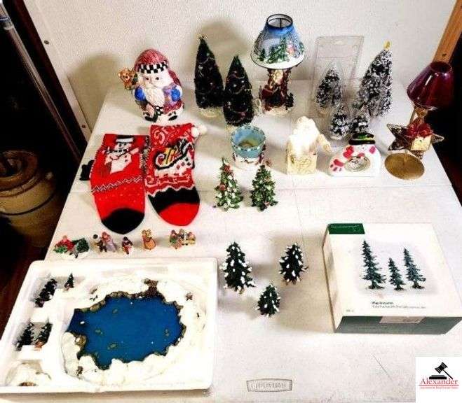 DEPT. 56 VILLAGE ACCESSORIES WINTER PINE TREES WITH PINE CONES (SET OF 3) - CHRISTMAS TREES - SANTA COOKIE JAR - ELECTRIC LIGHT - SNOWMAN CLOCK - CANDLE HOLDER - (UPSTAIRS) image