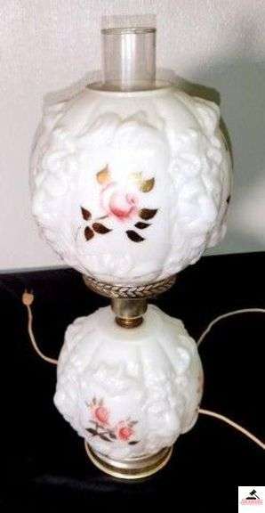 MILKGLASS HURRICANE LAMP PAINTED ROSES - MOLDED LION HEADS ON THE FONT AND SHADE - OIL LAMP GLOBE - (UPSTAIRS) image