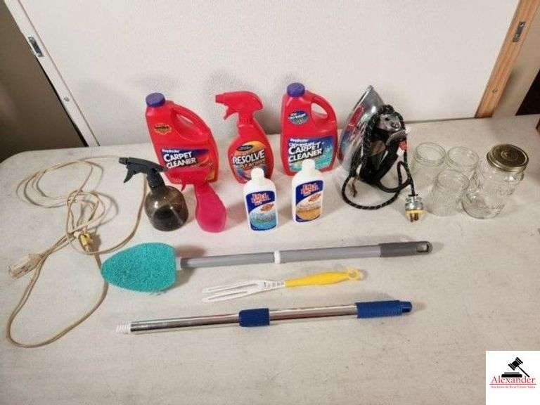 CLEANING SUPPLIES - RUG DOCTOR CARPET CLEANERS DIRT DEVIL FLOOR CLEANER - IRON - GLASS MASON JARS - SPRAY BOTTLES - SMALL EXTENSION CORD - (HOUSE) image