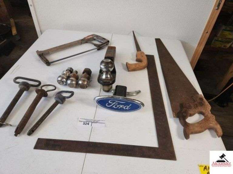 TUBE TRUCK HITCH 2" & 5" HITCH BALL - FORD EMBLEM COVER - HITCH BALLS - HACK SAW - DISTON "T" SQUARE - HAND SAW - KEY HOLE SAW - (TRAILER) image