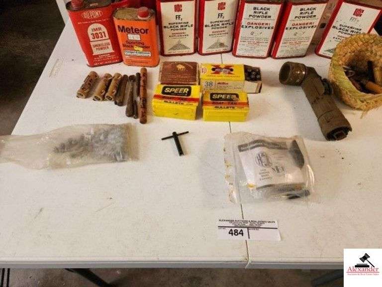 SPEAR BOAT TAIL BULLETS - #2022 BUFFALO BULLET CO. - .45CAL 285GRAIN - LED BALLS - ARMY STYLE FLASHLIGHT - SUPER X .38 SPECIAL COLECTOR BOX WITH BRASS - BLACK RIFLE POWDER - ASSORTMENT OF SPENT BRASS - (SHED) image
