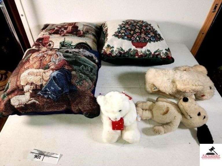 DECORATIVE PILLOWS MARY, JOSEPH, AND JESUS IN MANGER - CHRISTMAS TREE - TRACTORS - BEAR - RABBIT - SNOOPY - RABBIT SHOWS WEAR - (5) VINYL & LINED CHRISTMAS TABLECLOTHS (UPSTAIRS) image
