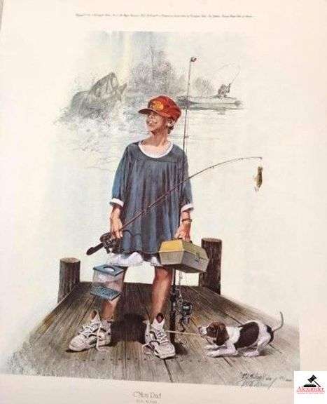 RALPH. J. MCDONALD "C'MON DAD" PRINT - 391 / 1000 - CIRCA '91 - SIGNED - UNFRAMED - YOUNG BOY FISHING WITH A PUPPY - (MASTER BEDROOM) image