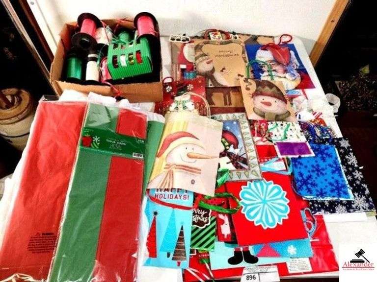 CHRISTMAS WRAPPING ITEMS ALL SIZES OF CHRISTMAS BAGS - TISSUE - RIBBON - NAME TAGS - GIFT CARD BOXES - HALLMARK CHRISTMAS CARDS - PAINTED BEAR & ANIMAL COASTERS - (2) CROCHET EGG COVERS (UPSTAIRS) image