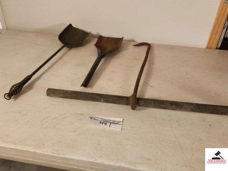 T METAL HOOK FORGE AND SHOP MADE - WROUGHT IRON HANDLE - STOVE HANDLE - (2) FIREPLACE SHOVELS - (GARAGE) image