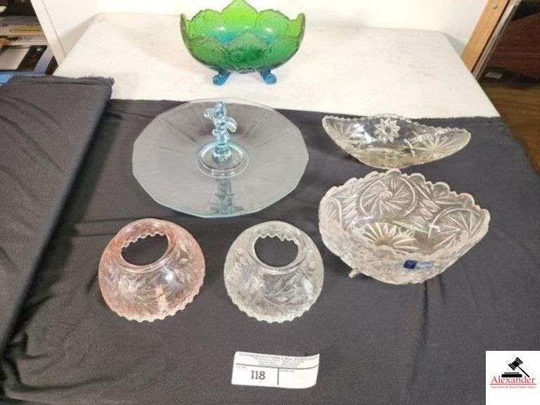 HANDCUT 24% LEAD CRYSTAL FOOTED VASE - STARBURST PATTERN - MADE IN POLAND - PINK & CLEAR LAMP SHADES - GREEN & BLUE BANANA BOWL WITH SCALLOPED EDGES - CLEAR STAR BOWL - ROUND BLUE SERVING TRAY - (UPSTAIRS) image