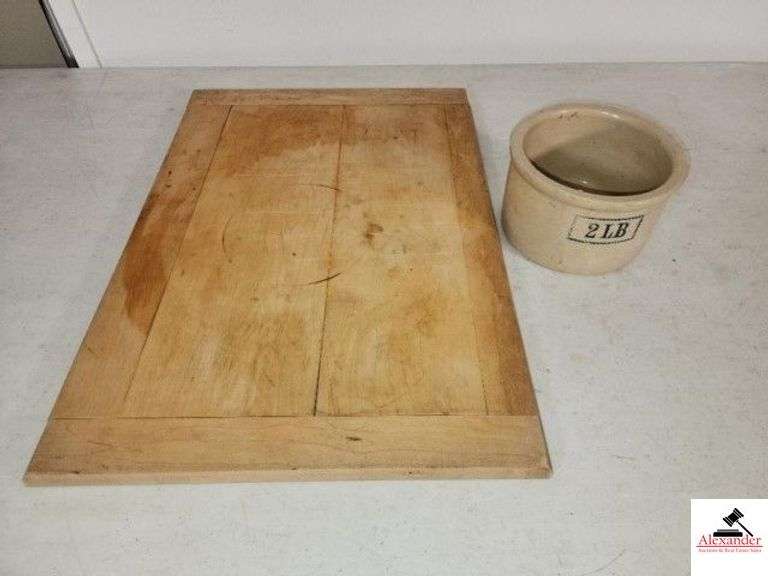 2 LB. BUTTER CROCK - VINTAGE WOOD CUTTING  BOARD 14" WIDE 20" LONG - (KITCHEN) image