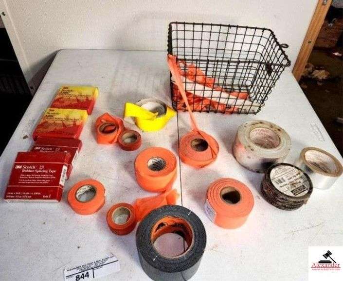 (2) 3M SCOTCH 130C LINERLESS RUBBER SPLICING TAPE (2) 3M SCOTCH 23 RUBBER SPLICING TAPE - ORANGE SURVEYING RUBBER TAPE - BLACK GORILLA TAPE - PLYMOUTH 11 PRINTED VINYL PIPEWRAP - WIRE BASKET - (SHOP) image
