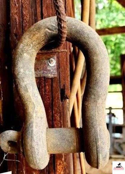 DRUM LIFTER CHAIN SET - SNATCH CABLE HEAVY DUTY CLEVIS - VINTAGE CLEVIS SHOP MADE - (IMP. SHED) image