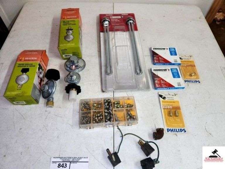 (2) UNIVERSAL PROPANE REGULATORS NEW DUAL-STAGE & SINGULAR - NEW - UNIVERSAL HOT WATER THERMOSTATS & ELEMENTS - BOX OF STANDARD GREASE FITTINGS - UNIVERSAL TUNE-UP KIT - ELECTRIC TWO-WAY PLUGS - PHILIPS FEED-THRU CONNECTORS - ARROW T50 STAPLES #504 5/16" - (SHOP) image