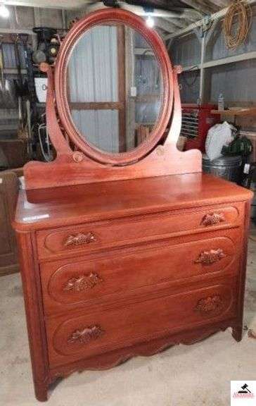 DAVIS CABINET CO. CHERRY DRESSER - 47 1/2" X 22" DEEP - OVAL WISHBONE MIRROR WITH BEADED TRIM - FINISH MARRED SOME - (GARAGE) image