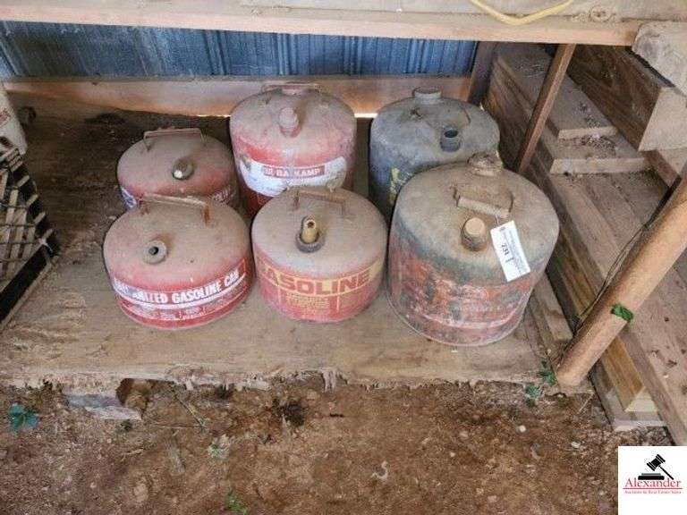 (6) GAS CANS - 5 GALLON, 2.5 GALLON, 2 GALLON - (IMP. SHED) image