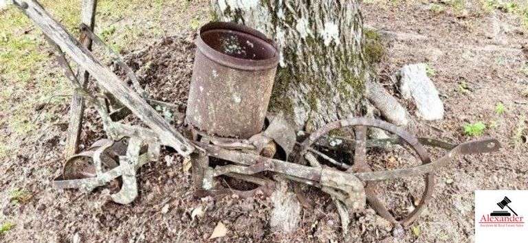 HORSE DRAWN GARDEN PLANTER FRONT IRON WHEEL - PLANTER BLADE - METAL BOX RUSTED - HANDLES ROTTED OFF - (OUTSIDE) image