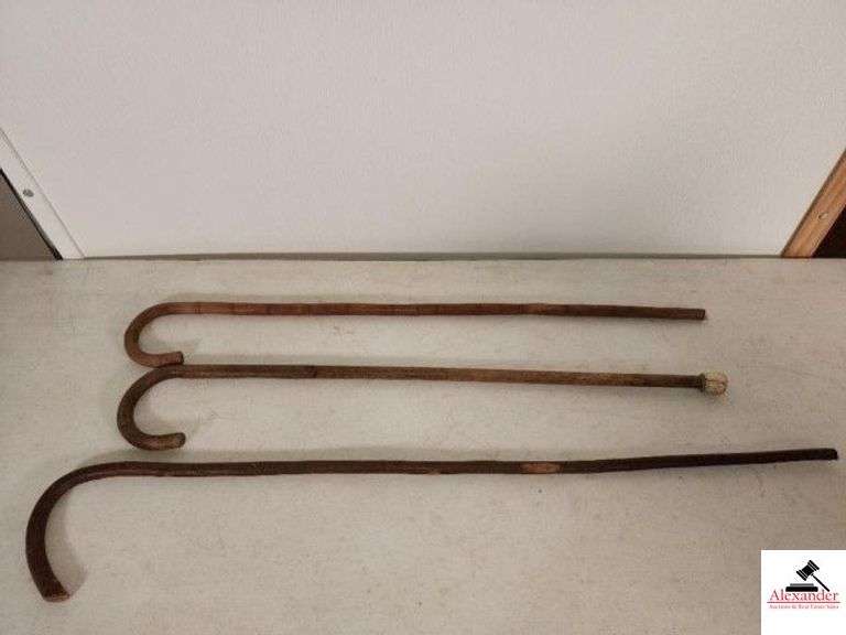 (3) VINTAGE WALKING STICKS - CANE STYLE SMALL TAPERED STICK  WITH CURVED HANDLE- HOME MADE BRANCH  (SW BR) image