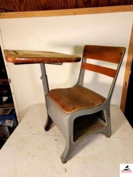 CHILD'S SCHOOL DESK METAL FRAME - WOOD SEAT, DESK, AND BACK - NEEDS CLEANING (UPSTAIRS) image