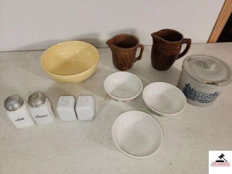 WHITE GLASS SALT & PEPPER SHAKERS - 2 SETS  - GIBSON CHINA BOWL - USA BROWN PITCHER, FLORAL DESIGN - STONEWARE STYLE PITCER - BUTTER CROCK WITH CHIP LID (CHIP LID)  - (3)  CORNOR HOCKING BOWLS - (NW BEDROOM) image