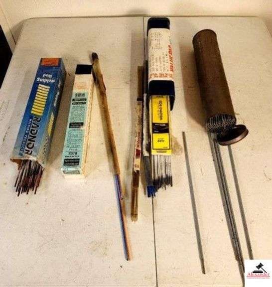 WELDING RODS - 3/32" 6011 PARTIAL BOX - FULL BOX OF FORNEY 1/8" 7018 5 LBS. - METAL CONTAINER OF WELDING RODS 307L - 15- ETC. (SHOP) image