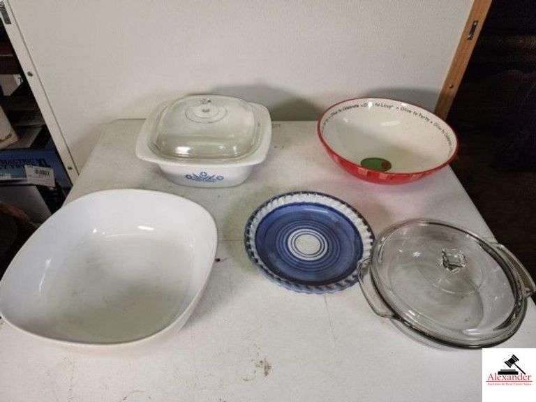 GIADA PORCELIAN MIXING BOWL - SQUARE WITH ROUNDED CORNERS - HEAVY - CORNINGWARE STYLE BOWL WITH LID - "OLIVE TO LAUGH" BOWL - POTTERY PLATE WITH SIGNATURE ON BACK - GLAZED TOP -  GLASS BOWL WITH LID - (UPSTAIRS) image
