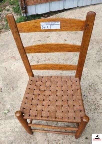 VINTAGE STRAIGHT WOOD CHAIR WOVEN SEAT - SLAT BACK - (SHED) image