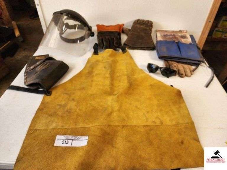 LEATHER WELDING APRON COLBALT WELDING GLOVES - HEAVY WELDING GLOVES - AMERICAN WORK PRODUCTS  TOOL WELD BAG - WORK GLASSES - GRINDING SHIELD - (TRAILER) image