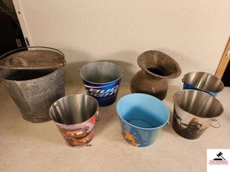 (6) BUCKETS - BUD LIGHT, CARS, MARVEL, ETC. - VINTAGE GALVANIZED BUCKET WITH LID & VAIL, VAIL HANDLE LOOSE - COOPER ANTIQUE SPITTOON, BOTTOM DAMAGED AND CRACKED - (SHED) image