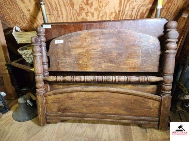 CANNONBALL FOUR-POSTER BED FRAME NEEDS REFINISHING - HAS METAL RAILINGS - DRESSER - NEEDS REFINISHED - 4 DRAWERS - NO MIRROR, MIRROR FRAME NEEDS REWORKED - HAS SCRATCHES & DINGS - (UPSTAIRS) image