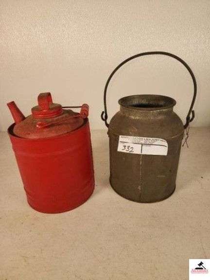 SMALL RED GAS CAN 1/2 GALLON INCLUDES METAL GALVANIZED STYLE VINTAGE BUCKET WITH WIDE TOP AND VAIL - (GARAGE) image