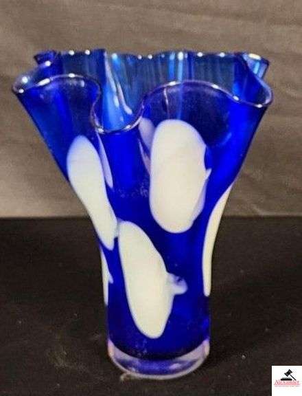 BLOWN GLASS COBALT & WHITE HANKERCHIEF VASE 8 1/4" OPALESENT - (HALL) image