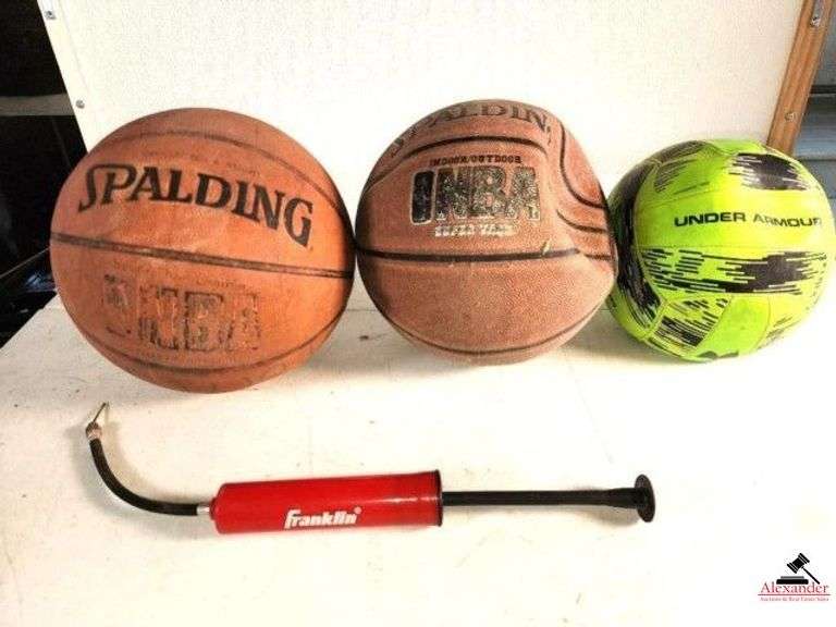 (2) SPALDING NBA BASKETBALLS UNDER ARMOUR SOCCER BALLS - FRANKLIN AIR PUMP - (GARAGE) image