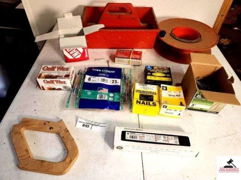 ELECTRONIC BALLAST (NEW) BARE COPPER INDOOR/OUTDOOR WIRE - TYPE SOLID - 8WG - 25FT - GULF WAX - 3" NAILS - T50 5/16" STAPLES - RED PLASTIC BOX - PLASTIC HOSE REEL - BOX OF WING-NUT - MATCHES - (SHOP) image