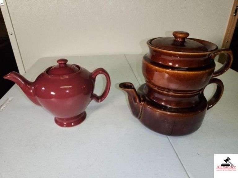MICORMICK TEA PITCHER BALTIMORE MD. MADE IN USA - 2 PC. POTTERY SET - BEAN POT - 3 PC. SET OF POTTERY BROWN WEAR HEAVY SEIVE - MARKED USA - (2) TALL BALCK PEDESTAL COFFEE CUPS (UPSTAIRS) image