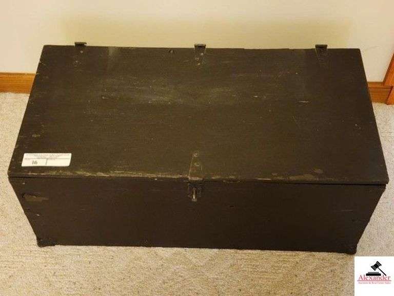BLACK WOOD TRUNK - 32" X 14 1/2" X16" DEEP - WOOD HANDLES - WOOD TRAY - (SIDE BEDROOM) image