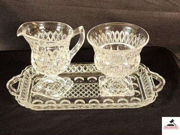 VINTAGE CRYSTAL GLASS SUGAR & CREAMER & TRAY THUMB PRINT PATTERN (IN HALL) image